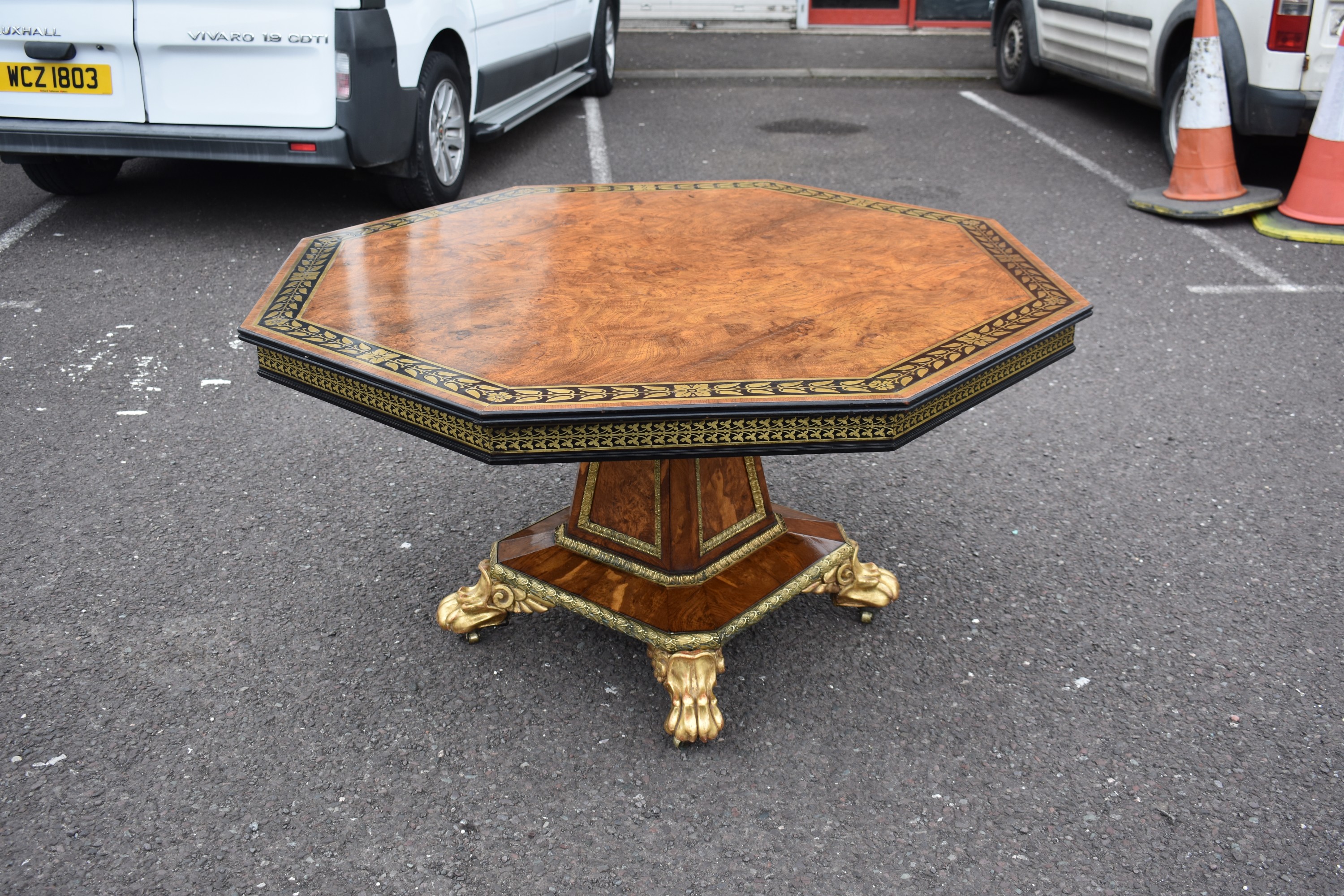 an important burr oak brass inlaid centre table attributed to george bullock