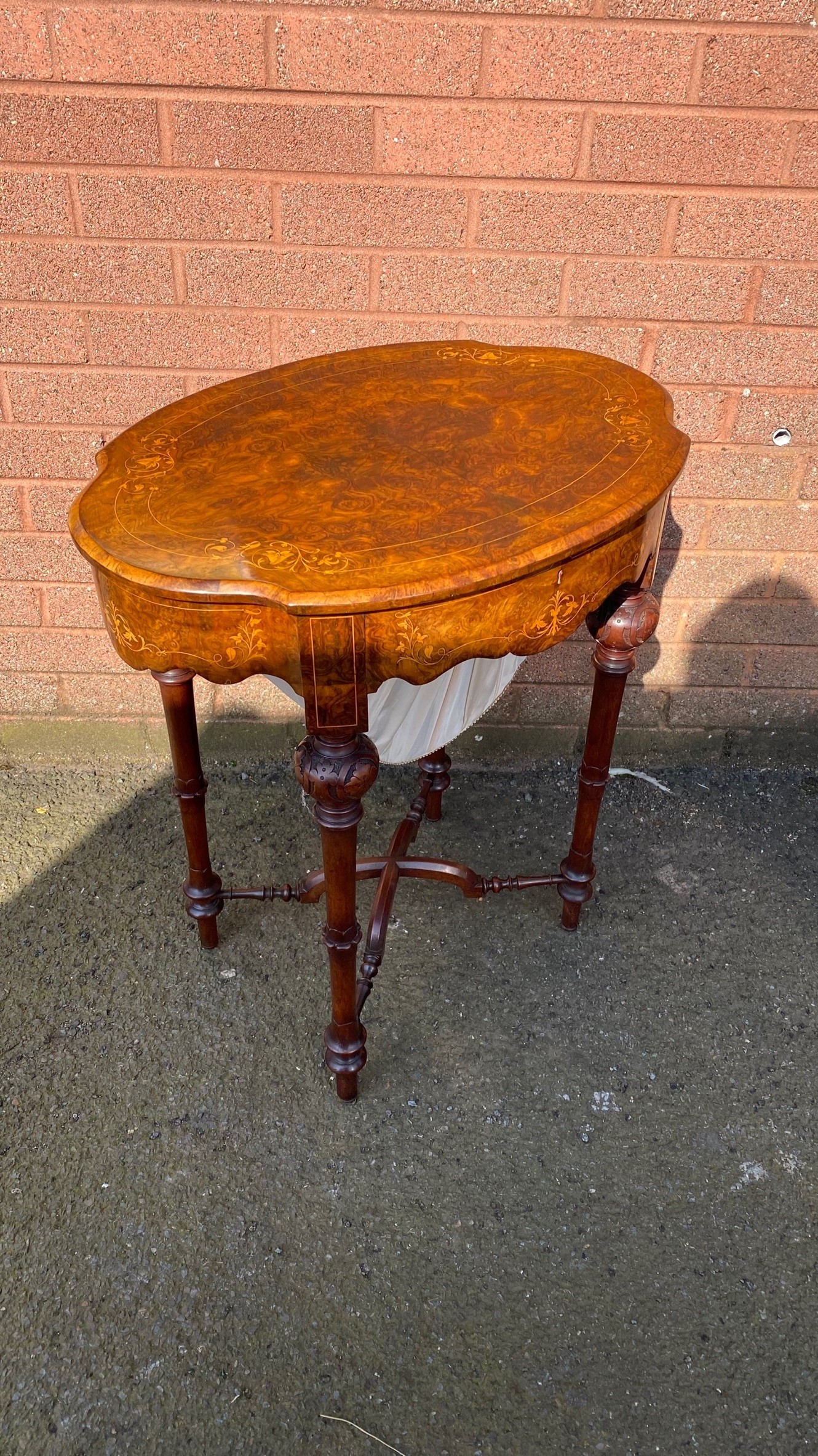 a mid 19th c walnut boxwood inlaid work table by robert strahan of dublin