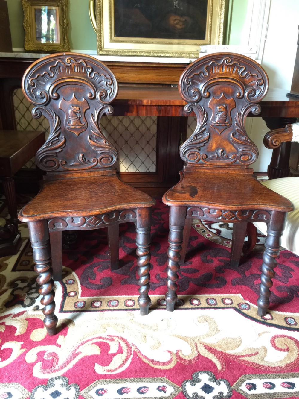 pair of early victorian oak hall chairs by robert strahan dublin
