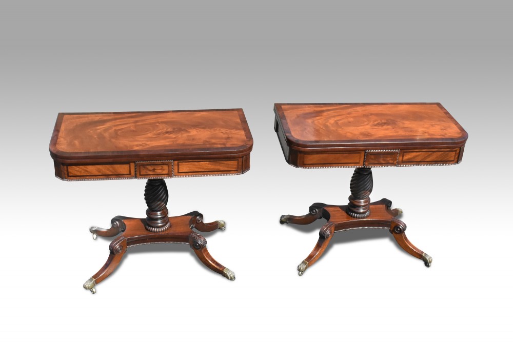 a fine pair of irish regency mahogany rosewood inlaid card tables